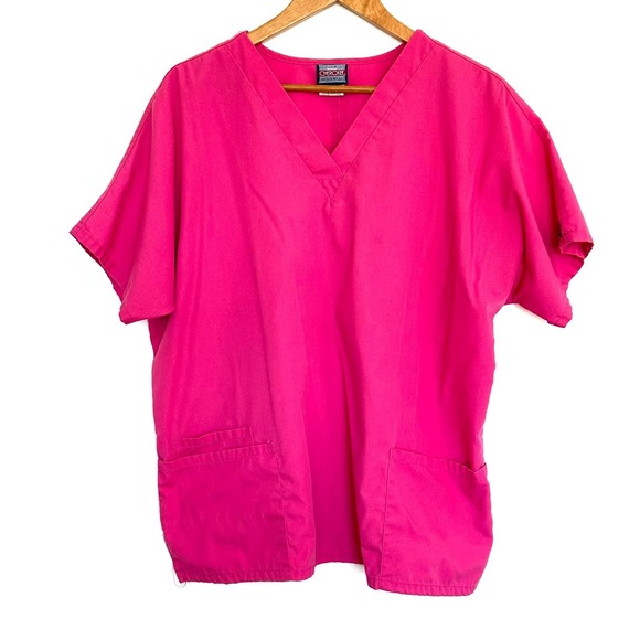 Cherokee Workwear Scrub Top Women's Large Pink Short Sleeve V Neck Pockets Shirt - Picture 1 of 9